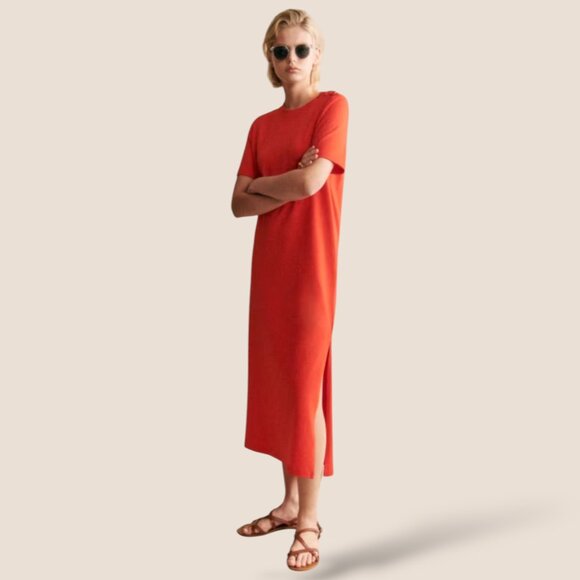 Sezane Emy dress orange organic cotton minimalist column slit slip midi dress S - Picture 3 of 9